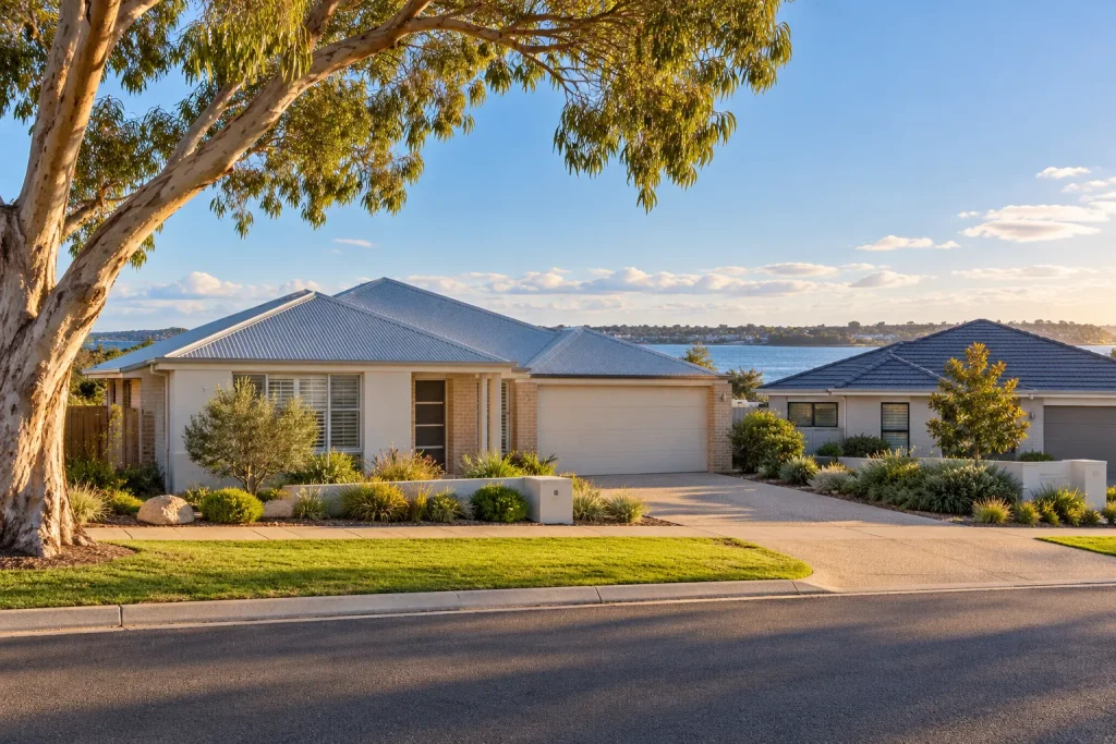 AI-generated illustration of coastal Western Australian homes and a gum tree